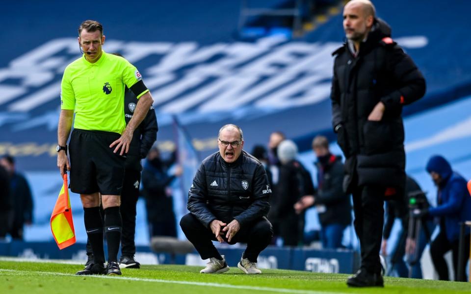 Marcelo Bielsa barks orders from his usual squat position - KEVIN QUIGLEY