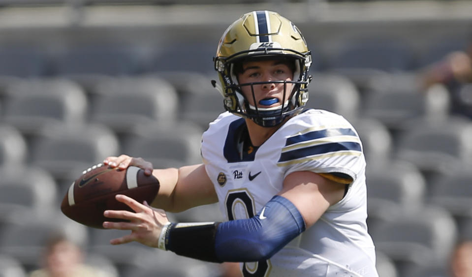 Pittsburgh quarterback Kenny Pickett (8) plays in the annual Spring NCAA football scrimmage, Saturday, April 15, 2017, in Pittsburgh. (AP Photo/Keith Srakocic)