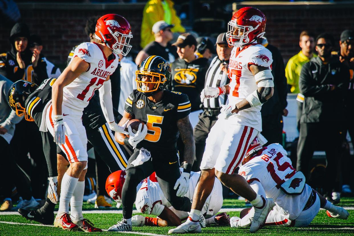 Missouri receiver Mookie Cooper (5) stands after making a play against Arkansas on Nov. 25, 2022, in Columbia, Mo.