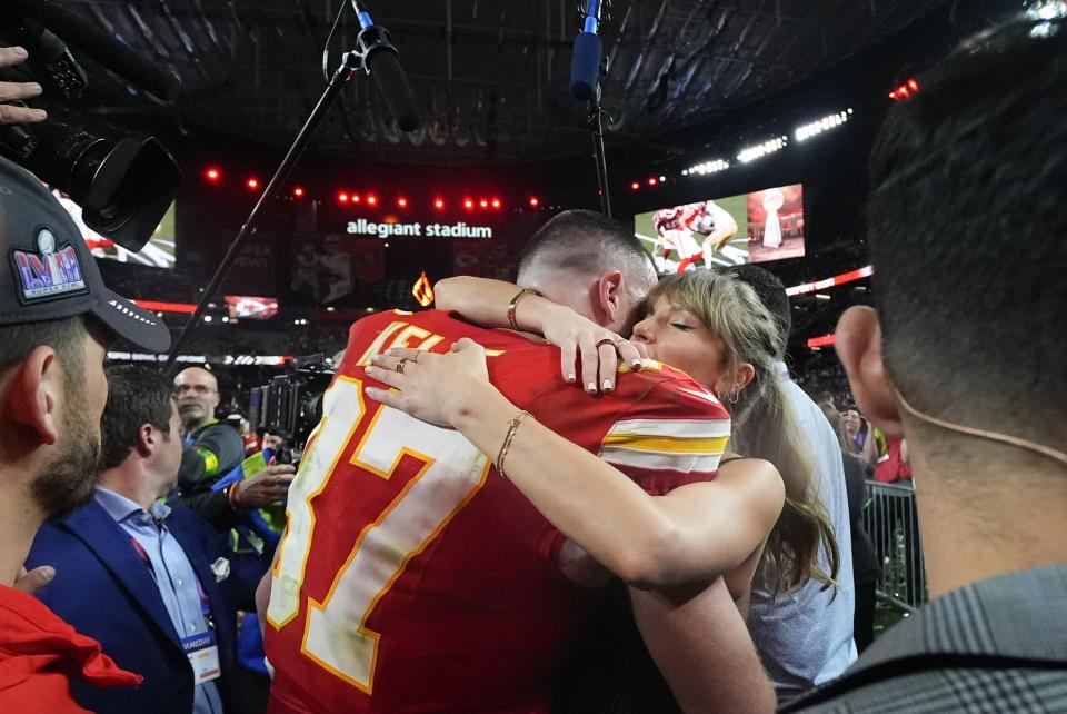 Taylor Swift and Kansas City Chiefs tight end Travis Kelce partied the night away in Las Vegas after the Chiefs topped the San Francisco 49ers in Super Bowl LVIII. (AP Photo/Julio Cortez)