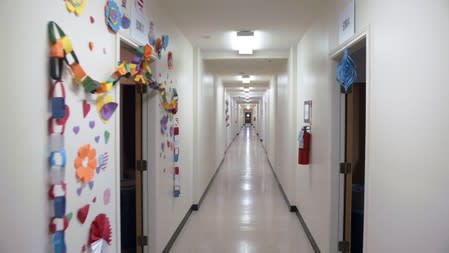 Decorations adorn a doorway at the HHS unaccompanied minors migrant detention facility at Carrizo Springs