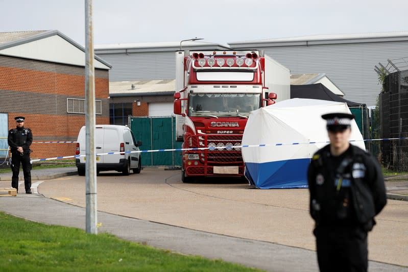 The scene where bodies were discovered in a lorry container, in Grays, Essex