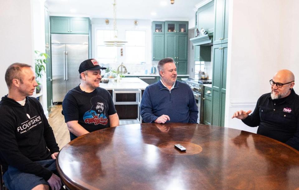 From left to right, Pizza Baby co-owner Trey Wilson, Thirsty Beaver co-owner Brian Wilson, Avett Brothers manager Dolphus Ramseur and Pinky’s co-owner Andy Cauble — who all share a common bond: Northwest Cabarrus High School. Khadejeh Nikouyeh/Knikouyeh@charlotteobserver.com