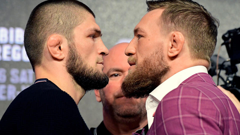 Khabib Nurmagomedov and Conor McGregor, pictured here during a UFC 229 press conference. 