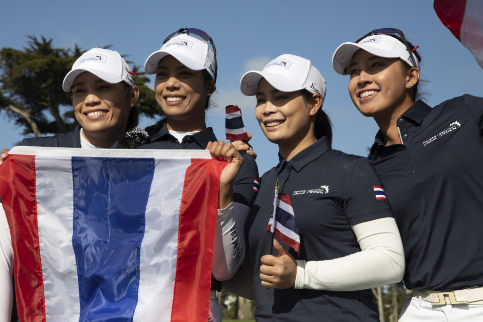 Team Thailand celebrates on the 15th green after winning the finals at the International Crown match play golf tournament in San Francisco, Sunday, May 7, 2023. (AP Photo/Benjamin Fanjoy)