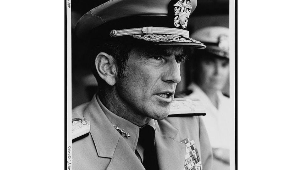 Chief of Naval Operations Elmo Zumwalt speaks to the crew of the Gearing-class destroyer Newman K. Perry on Sept. 14, 1970. (Navy)