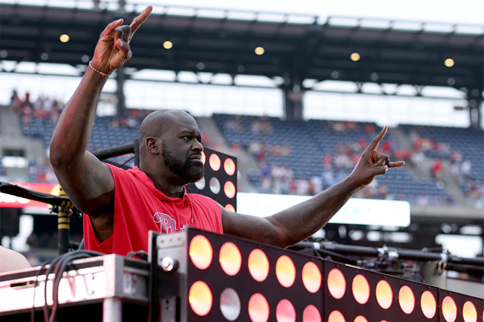 NBA Hall of Fame member Shaquille O'Neal performs a set as DJ Diesel following a game between the Philadelphia Phillies and the Washington Nationals at Citizens Bank Park on July 01, 2023 in Philadelphia, Pennsylvania.