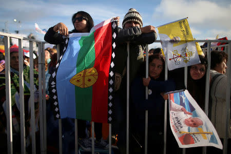 A faithful holds a Mapuche flag as she waits for Pope Francis to lead a mass at the Maquehue Temuco Air Force base in Temuco, Chile, January 17, 2018. REUTERS/Edgard Garrido