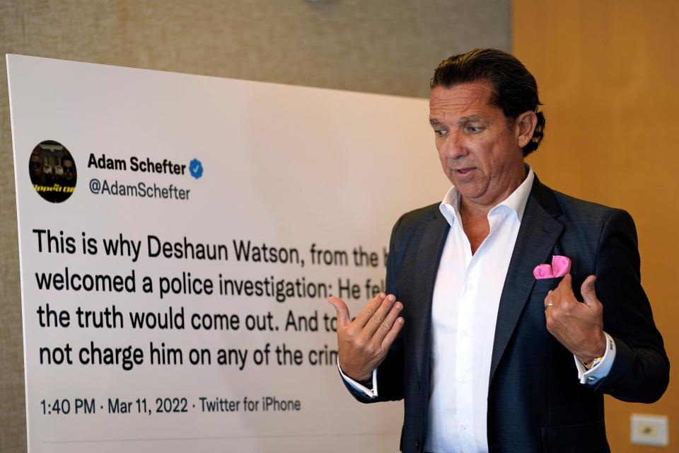 Attorney Tony Buzbee, who represents the women in the civil lawsuits against Cleveland Browns quarterback Deshaun Watson, speaks during a news conference, Thursday, Aug. 4, 2022, in Houston. The NFL is appealing a disciplinary officer's decision to suspend Watson for six games for violating the league's personal conduct policy. (AP Photo/David J. Phillip)