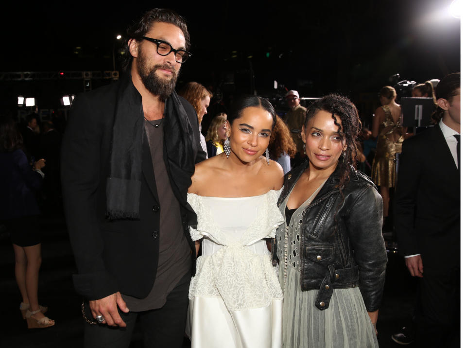 From left, Jason Momoa, Zoe Kravitz and Lisa Bonet arrive at the world premiere of "Divergent" at the Regency Bruin Theatre on Tuesday, March 18, 2014 in Los Angeles. (Photo by Matt Sayles/Invision/AP)