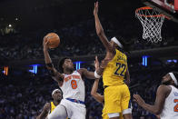 New York Knicks' DaQuan Jeffries (8) shoots over Indiana Pacers' Isaiah Jackson (22) during the first half of Game 1 in an NBA basketball second-round playoff series, Monday, May 6, 2024, in New York. (AP Photo/Frank Franklin II)
