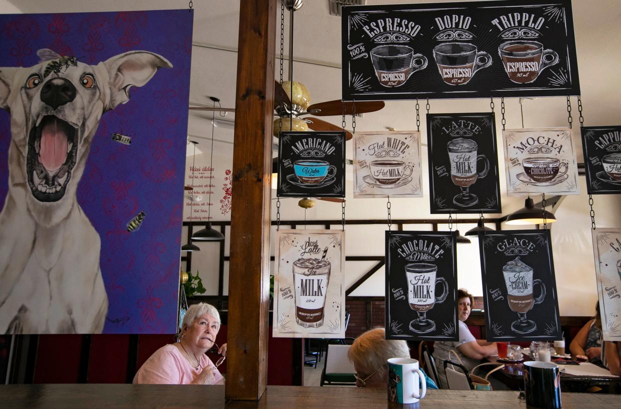 Cape Coral resident and first-time customer Cali Schreiber looks at the coffee options menu hanging from the ceiling at the new Art Cafe.