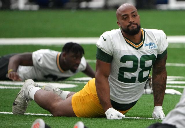 Packers running back AJ Dillon takes a commercial break at Lambeau Field to  surprise fans touring the stadium