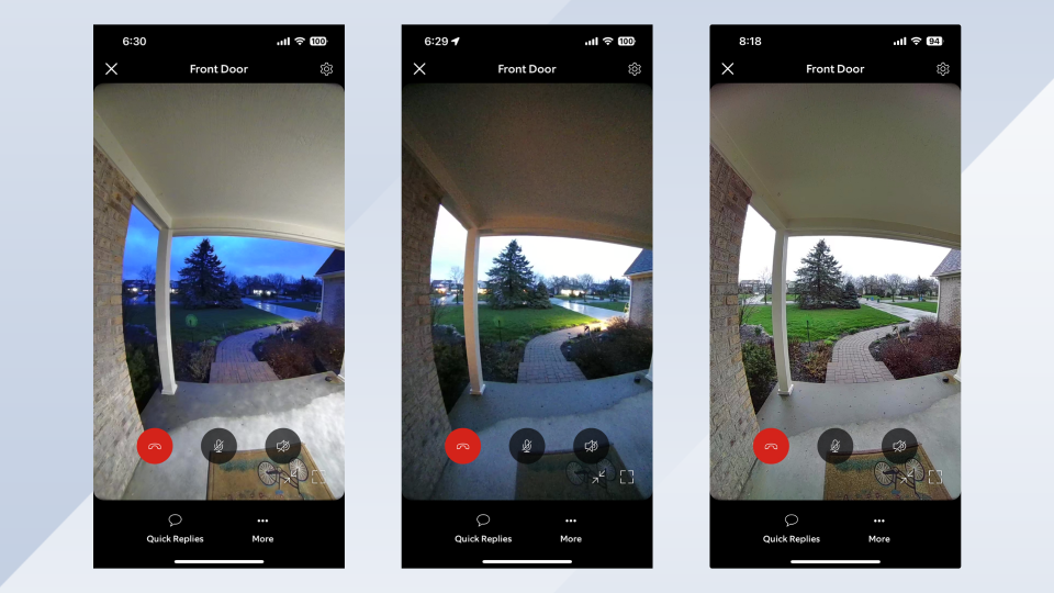 Two night-vision views from the Ring Battery Doorbell Pro and one during daylight hours.