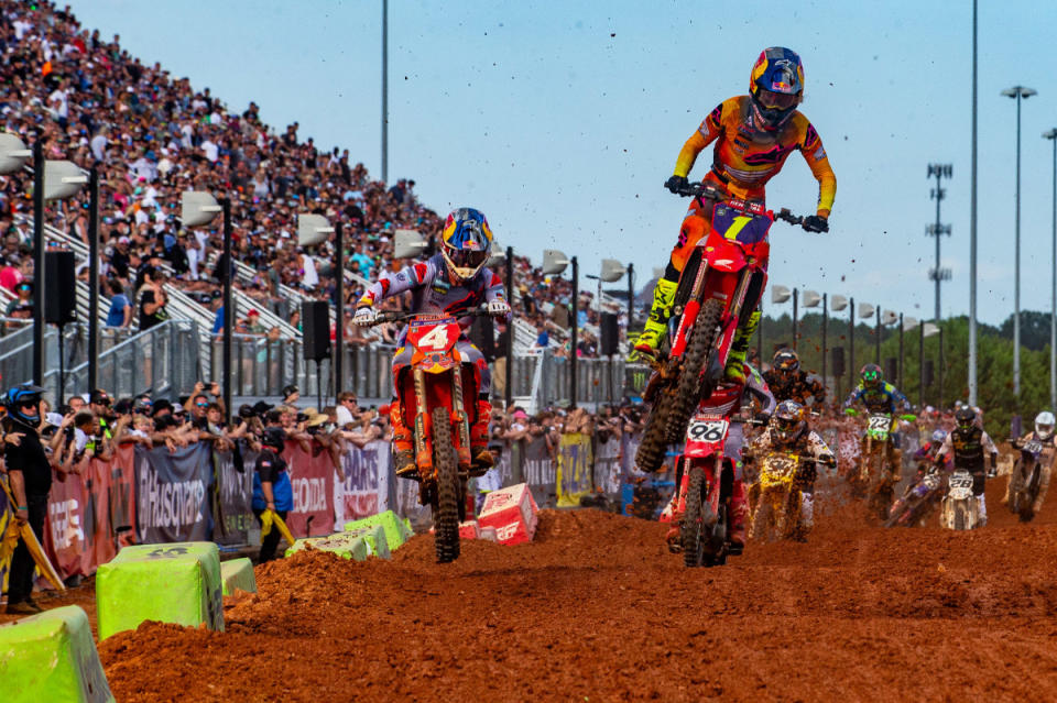 #1 Jett Lawrence, #4 Chase Sexton, and #96 Hunter Lawrence off the start moto 2 at SMX Playoff 1 Charlotte.<p>Photo Courtesy of BrownDogWilson</p>