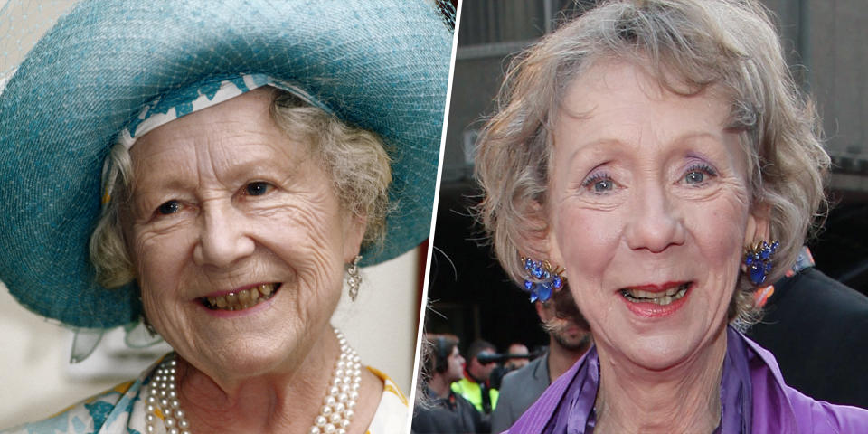 (L) The Queen Mother visiting Ronald Gibson House, a nursing home in Tooting, London on June 2,  1992. (R) Marcia Warren as Elizabeth II’s mother, Queen Elizabeth The Queen Mother. (Getty Images)