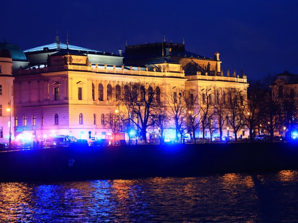 Lights from emergency service vehicles light the scene of the shooting (EPA)