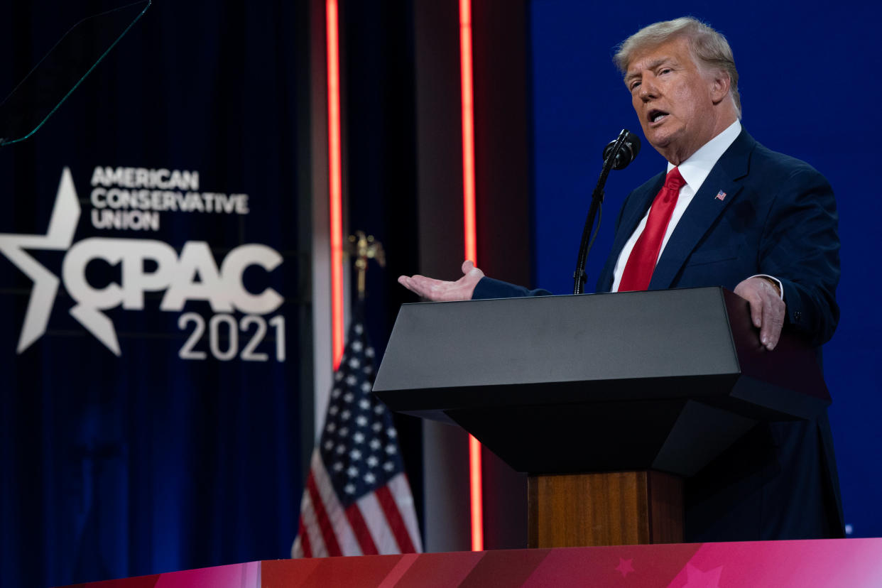 Former U.S. President Donald Trump speaks during the Conservative Political Action Conference (CPAC) in Orlando, Florida, U.S., on Sunday, Feb. 28, 2021. (Elijah Nouvelage/Bloomberg via Getty Images)