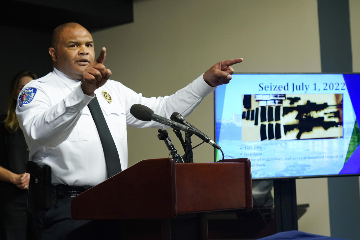 Image: Richmond Police Chief Gerald Smith during a news conference on July 6, 2022, in Richmond, Va. where police said they thwarted a planned July 4 mass shooting after receiving a tip that led to arrests and the seizure of multiple guns. (Steve Helber / AP)