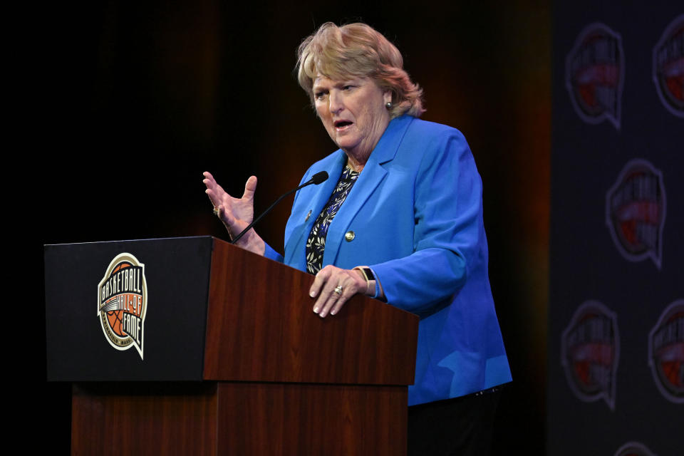 Basketball Hall of Fame Class of 2022 inductee Theresa Shank-Grentz speaks at a news conference at Mohegan Sun, Friday, Sept. 9, 2022, in Uncasville, Conn. (AP Photo/Jessica Hill)