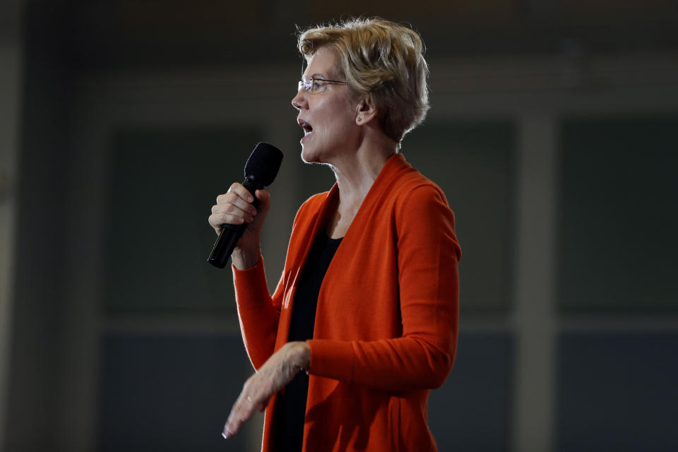 Democratic presidential candidate Sen. Elizabeth Warren, D-Mass., speaks during a town hall meeting at Grinnell College, Monday, Nov. 4, 2019, in Grinnell, Iowa. (AP Photo/Charlie Neibergall)