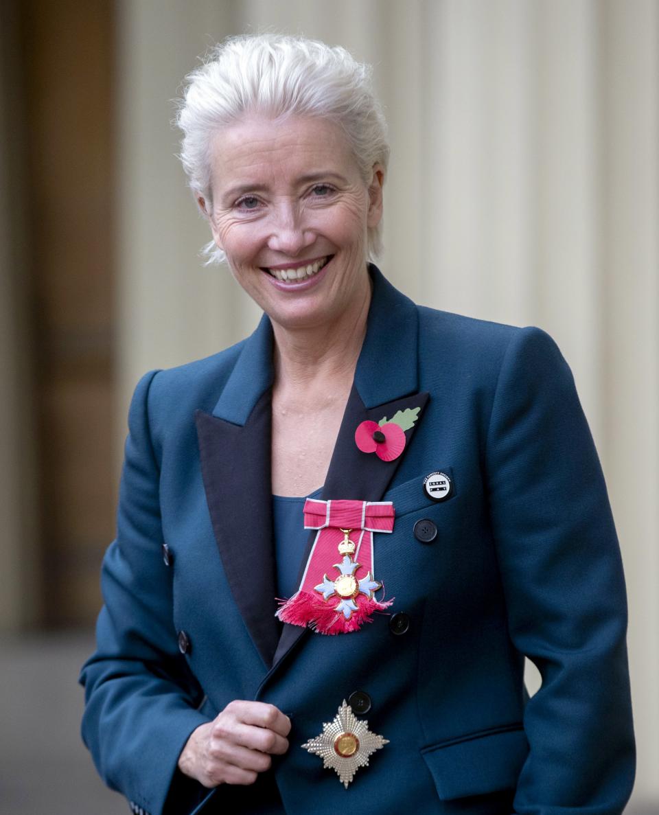 LONDON, ENGLAND - NOVEMBER 7:  Actress Emma Thompson leaves Buckingham Palace after receiving her damehood at an Investiture ceremony on November 7, 2018 in London, England. Ms Thompson, 59, received the accolade in recognition of her services to drama. (Photo by Steve Parsons - WPA Pool/Getty Images)