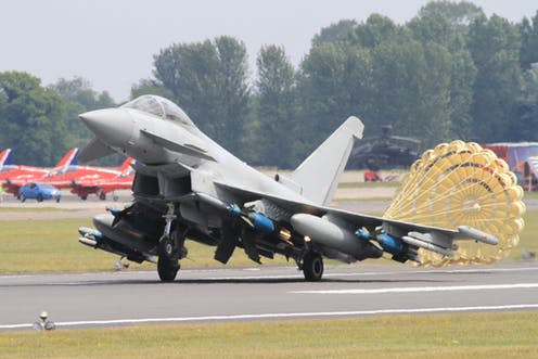 <span class="caption">The breaks are on for BAE's Eurofighter Typhoon production.</span> <span class="attribution"><a class="link " href="https://www.flickr.com/photos/richard_deakin/5970543263/in/photolist-a6AAv6-4VTAqL-8ebots-oSGTdE-J4gFYC-WiEjCU-2hQMQL-pNBD14-5gZNXi-Y25Vp-2gJJiX-6zUZcz-RPi3J-pMsR1L-UwyV1T-69E8GQ-5wA9i1-PAsb5S-UP7iBM-9yyWK9-6U1uXk-MWUY9D-8mVszA-optYGd-8TTxmy-oFA1iH-iiswVH-UXm7d8-4bKVCi-VZgaDz-ocWPEE-kv2TSe-a6wjSu-NRPCPb-6S5oLH-fmzhcM-QGnG8a-cxfeR1-a6twVk-K2XdVW-NB6GVn-cuEFqQ-eHeemv-czqRus-omHrZg-PAsbdY-QnT4Lm-8otTNj-fmPuf9-px89VZ" rel="nofollow noopener" target="_blank" data-ylk="slk:Richard Deakin;elm:context_link;itc:0;sec:content-canvas">Richard Deakin</a>, <a class="link " href="http://creativecommons.org/licenses/by-nc-nd/4.0/" rel="nofollow noopener" target="_blank" data-ylk="slk:CC BY-NC-ND;elm:context_link;itc:0;sec:content-canvas">CC BY-NC-ND</a></span>