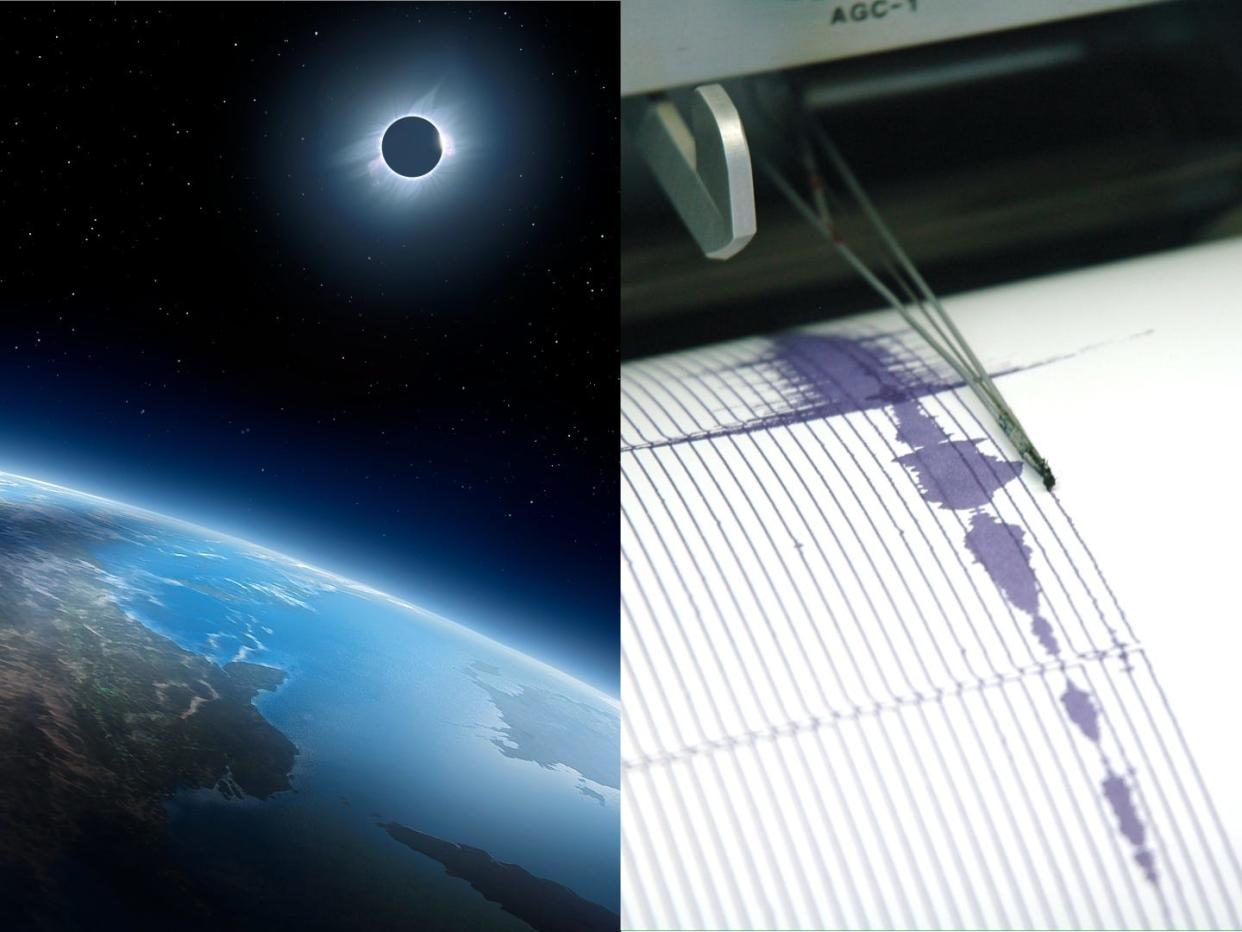 collage of eclipse and seismograph