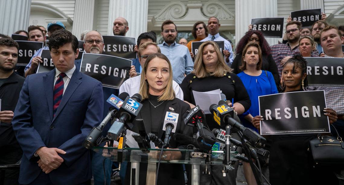 North Carolina Democratic Party Chair Anderson Clayton denounces Rep. Tricia Cotham’s defection to the Republican Party on Wednesday, April 5, 2023 at the North Carolina Democratic Headquarters in Raleigh, N.C.