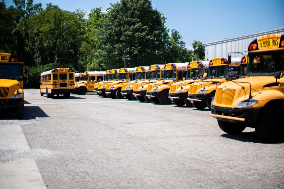 A line of buses for Groveport Madison Schools.
