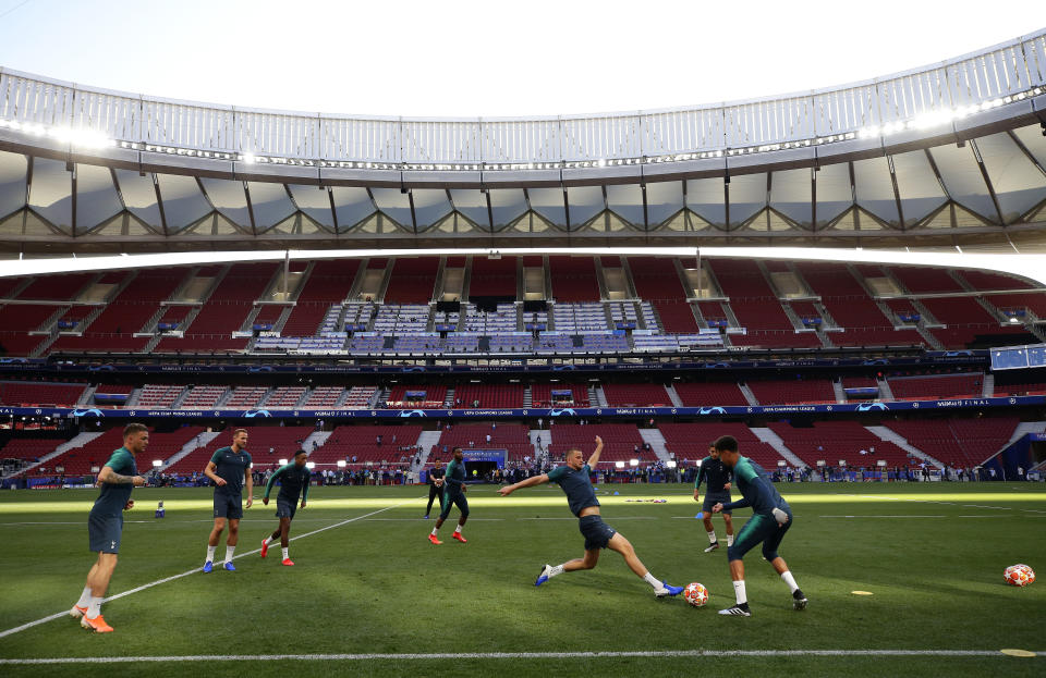 Tottenham's Eric Dier lunges for the ball during a training session at the Wanda Metropolitano stadium in Madrid, Friday May 31, 2019. English Premier League teams Liverpool and Tottenham Hotspur are preparing for the Champions League final which takes place in Madrid on Saturday night. (AP Photo/Manu Fernandez)
