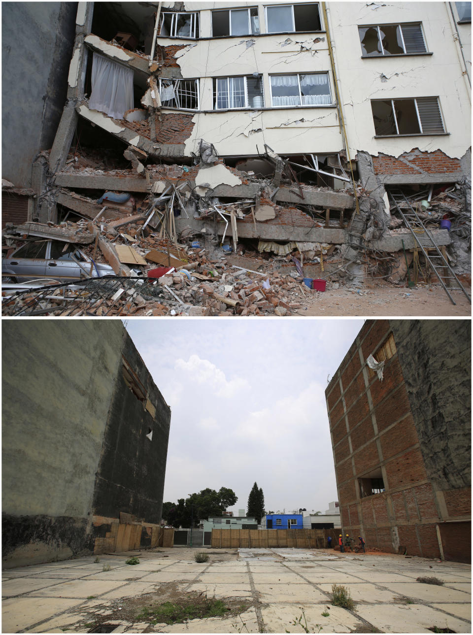 Esta combinación de imágenes muestra el número 911 de la calle Coquimbo, donde las plantas inferiores de un edificio se derrumbaron tras un sismo de magnitud 7,1, durante las tareas de rescate, el 20 de septiembre de 2017 (arriba), y un año más tarde, el 12 de septiembre de 2018, tras la demolición del inmueble y la reparación de los dos adyacentes, en la Ciudad de México. La lentitud de los derribos y de la reconstrucción frustra tanto a quienes perdieron sus casas como a quienes viven entre inmuebles destrozados que parece que vayan a colapsar en cualquier momento sobre las aceras y calles que siguen acordonadas desde el temblor.(AP Fotos/Rebecca Blackwell)