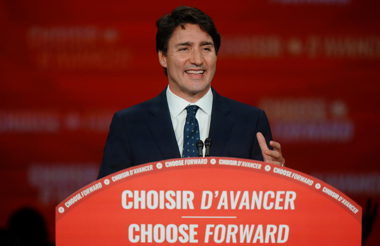 Liberal leader and Canadian Prime Minister Justin Trudeau speaks after the federal election at the Palais des Congres in Montreal, Quebec, Canada October 22, 2019. REUTERS/Carlo Allegri