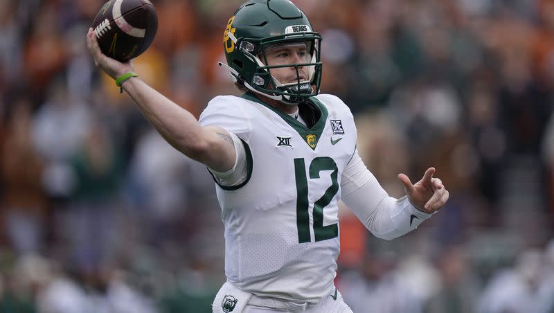 Baylor quarterback Blake Shapen throws against Texas in Austin, Texas, Friday, Nov. 25, 2022. After a somewhat uneven 2022 season (18 TD passes but 10 INTs), Shapen was named the starter following spring practices.