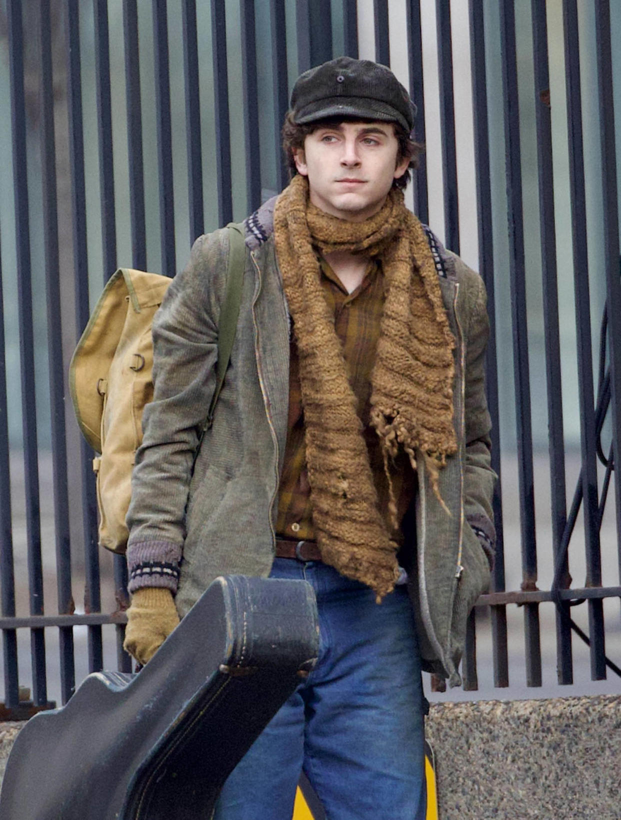 Timothee Chalamet plays Bob Dylan on the set of the movie 