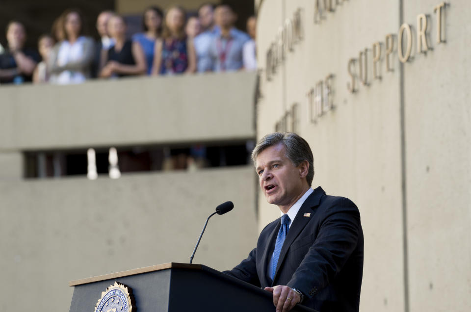 FBI Director Christopher Wray speaks during his swearing-in.&nbsp; (Photo: SAUL LOEB via Getty Images)