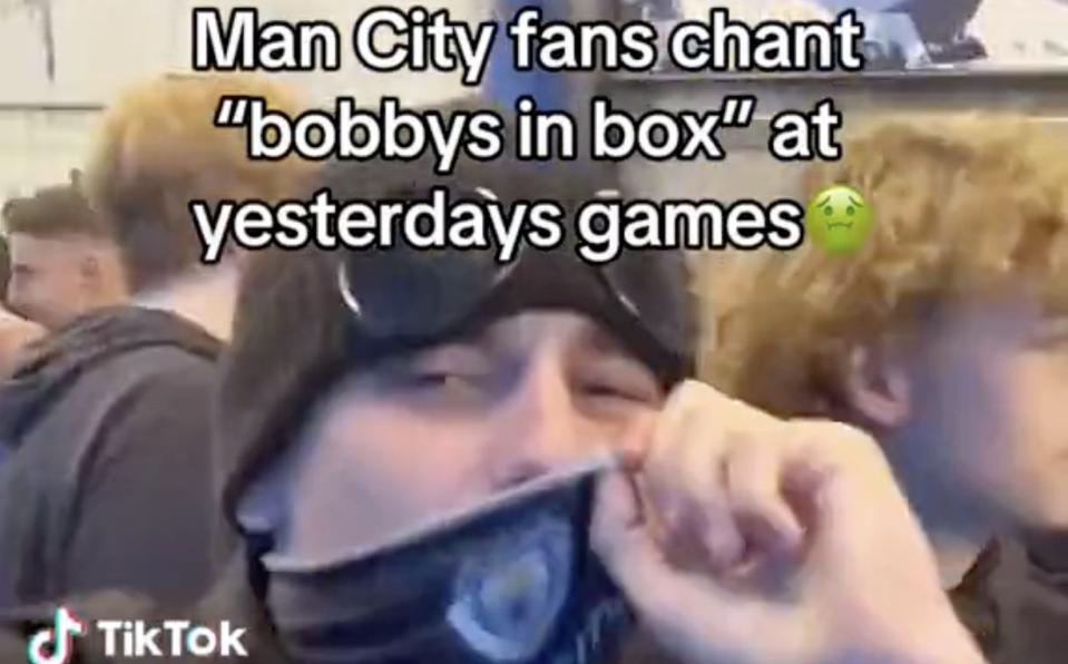 Manchester City fans yesterday mocking Man UTD legend Bobby Charlton after he passed away