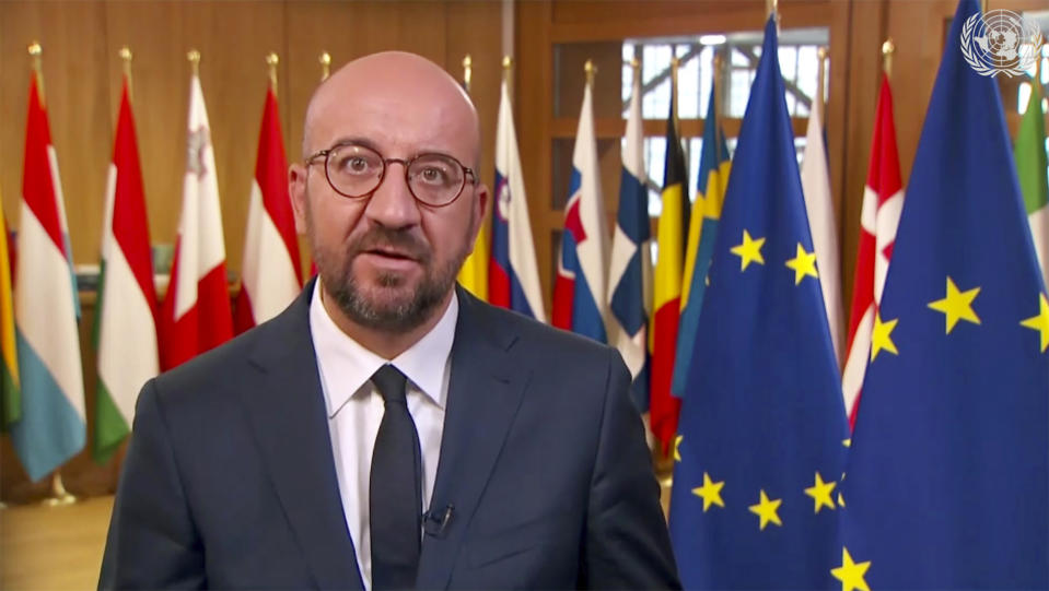 In this image made from UNTV video, Charles Michel, President of the European Council, European Union, speaks in a pre-recorded message which was played during the 75th session of the United Nations General Assembly, Friday, Sept. 25, 2020, at UN headquarters, in New York. (UNTV via AP)