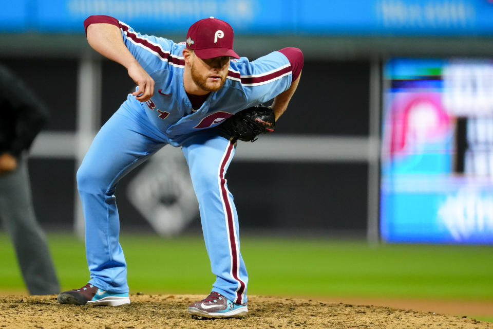 PHILADELPHIA, PA - OCTOBER 12:   Craig Kimbrel #31 of the Philadelphia Phillies pitches in the seventh inning during Game 4 of the Division Series between the Atlanta Braves and the Philadelphia Phillies at Citizens Bank Park on Thursday, October 12, 2023 in Philadelphia, Pennsylvania. (Photo by Mary DeCicco/MLB Photos via Getty Images)