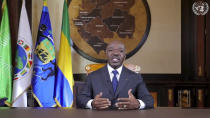 In this image made from UNTV video, Ali Bongo Ondimba, President of Gabon, speaks in a pre-recorded message which was played during the 75th session of the United Nations General Assembly, Thursday Sept. 24, 2020, at U.N. headquarters in New York. (UNTV via AP)
