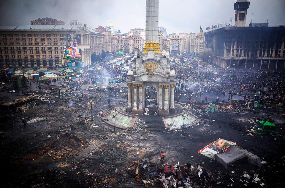 Independence Square in Kyiv on Feb. 20, 2014 during the bloodiest days of the EuroMaidan Revolution, when around 100 protesters were killed. Vincent Mundy/Bloomberg via Getty Images