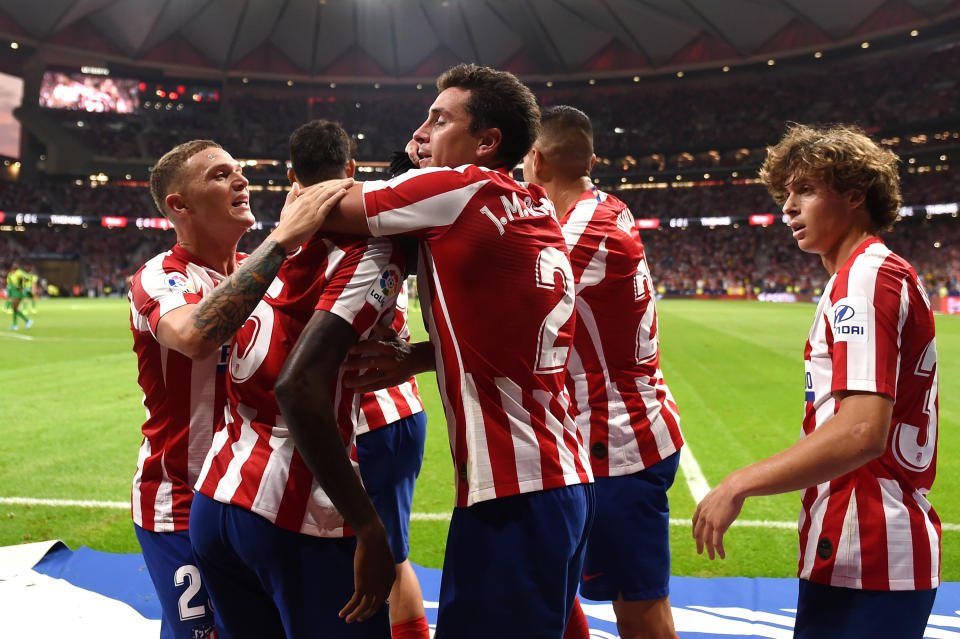 MADRID, SPAIN - SEPTEMBER 01: Thomas Partey of Atletico Madrid celebrates with Kieran Trippier, Jose Maria Gimenez and teammates after scoring his team's third goal during the Liga match between Club Atletico de Madrid and SD Eibar SAD at Wanda Metropolitano on September 01, 2019 in Madrid, Spain. (Photo by Denis Doyle/Getty Images)