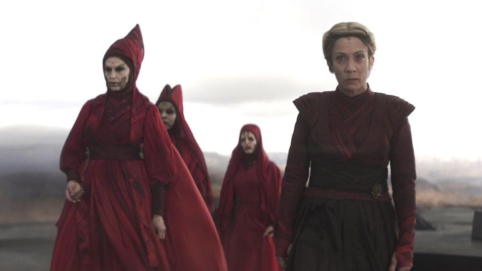 Morgan Elsbeth and the Great Mothers of the Nightsisters in their red robes and capes on Ahsoka