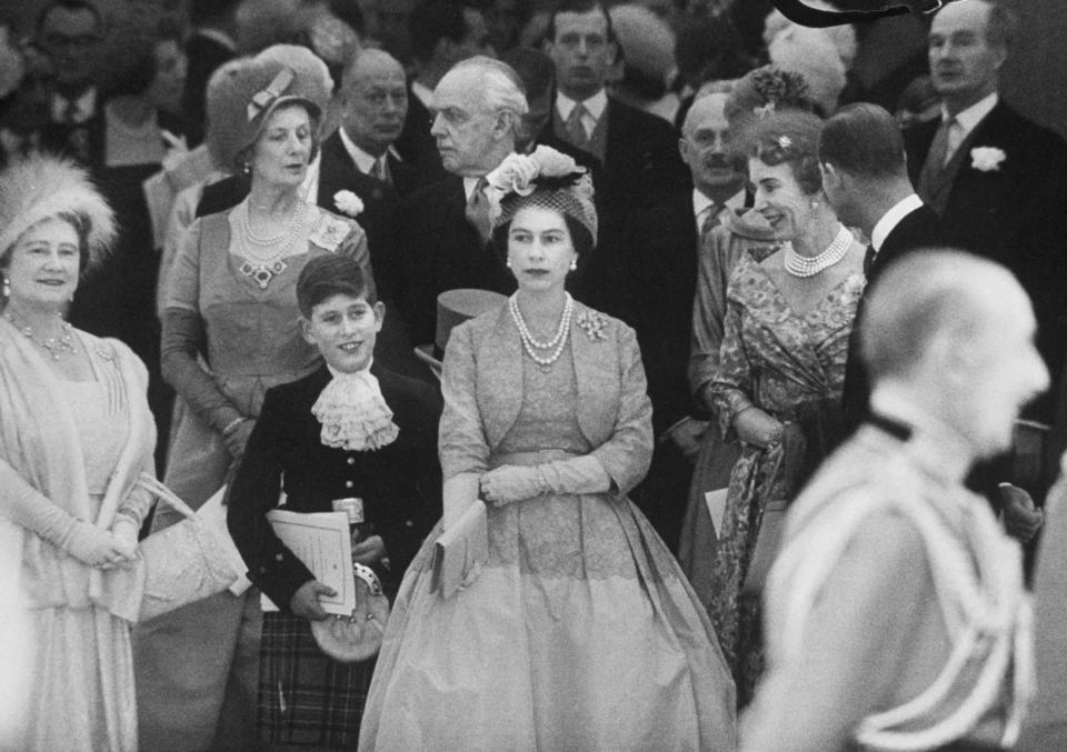 1960: The queen mother (left) with young Prince Charles and Queen Elizabeth II at Princess Margaret's wedding at Westminster Abbey in London on May 6, 1960.