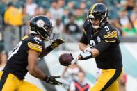 Aug 9, 2018; Philadelphia, PA, USA; Pittsburgh Steelers quarterback Landry Jones (3) hands off to running back James Conner (30) during the first quarter against the Philadelphia Eagles at Lincoln Financial Field. Bill Streicher-USA TODAY Sports