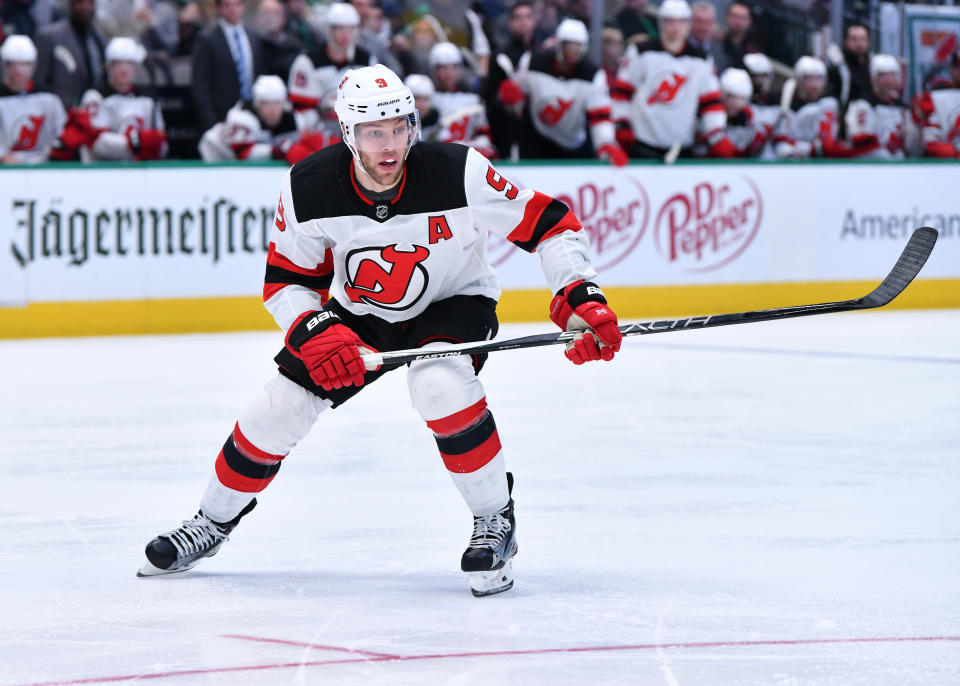 DALLAS, TX - DECEMBER 10: Taylor Hall #9 of the New Jersey Devils skates against the Dallas Stars at the American Airlines Center on December 10, 2019 in Dallas, Texas. (Photo by Glenn James/NHLI via Getty Images)