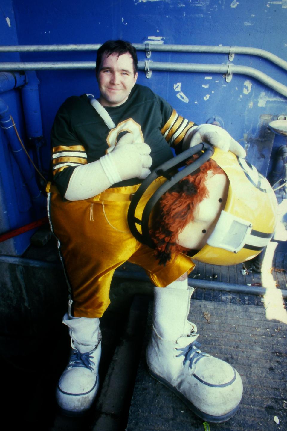 Bruce Manderscheid, the Green Bay Packers mascot, Packy Packer, during a game against the Minnesota Vikings on Oct. 13, 1985, at Milwaukee County Stadium in Milwaukee, Wis. The Packers won 20-17.