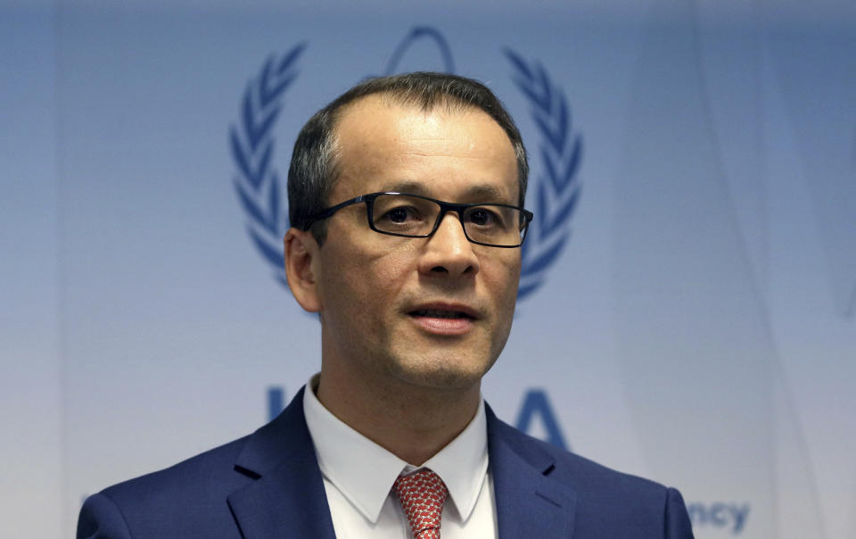 Acting Director General of the International Atomic Energy Agency (IAEA), Cornel Feruta, addresses the media during a news conference after a meeting of the IAEA board of governors at the International Center in Vienna, Austria, Monday, Sept. 9, 2019. (AP Photo/Ronald Zak)