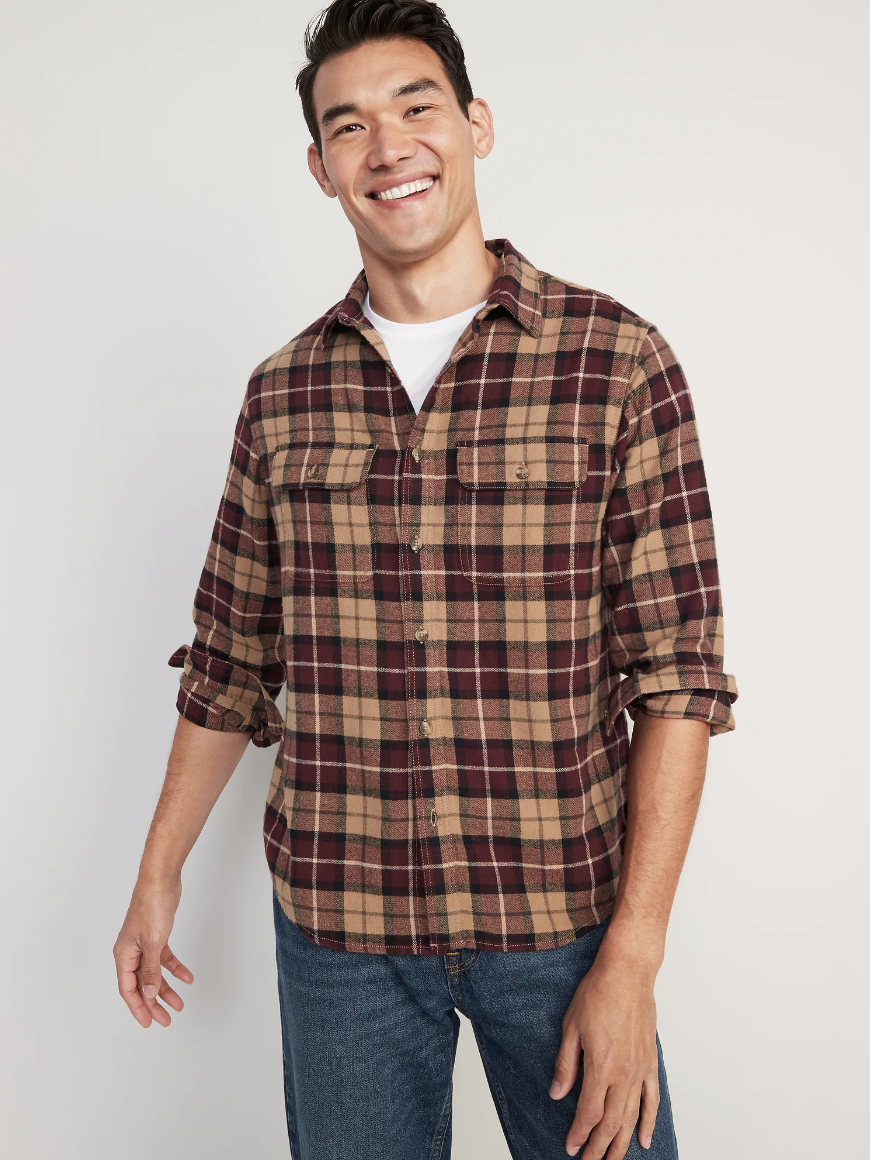 Regular-Fit Plaid Double-Brushed Flannel Shirt in burgundy plaid (Photo via Old Navy)