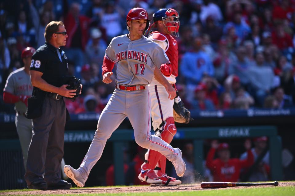 Apr 9, 2023; Philadelphia, Pennsylvania, USA; Cincinnati Reds outfielder Stuart Fairchild (17) crosses the plate to score against the Philadelphia Phillies in the ninth inning at Citizens Bank Park. Mandatory Credit: Kyle Ross-USA TODAY Sports